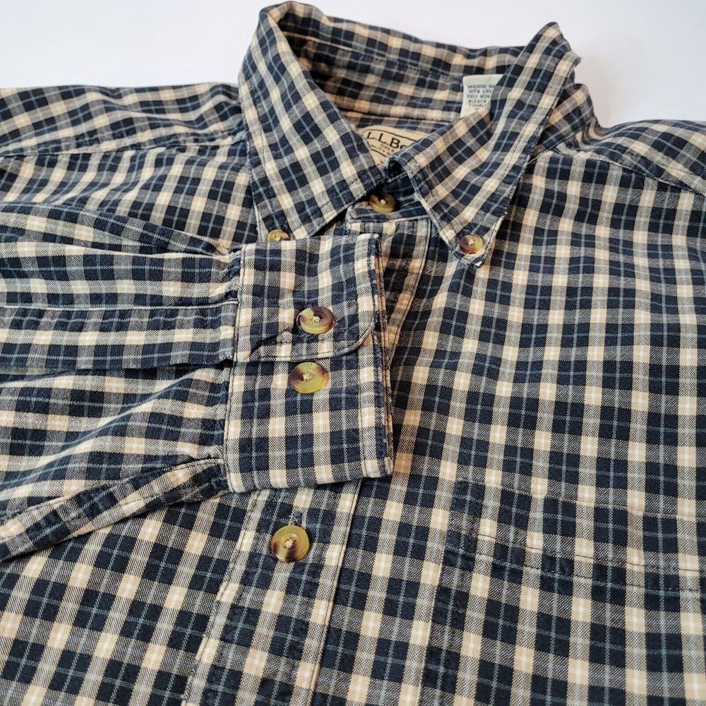 LL Bean Plaid Button Down Shirt Mens LG Tall Navy Tan Excllnt Cotton Long Sleeve